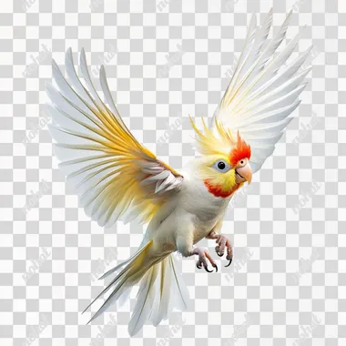 realistic cockatiel flying, white background