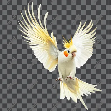 realistic cockatiel flying, white background
