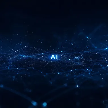 A dark blue background, a sense of technology, with data texture, a letter AI in the center of the picture, a clean background--16:9