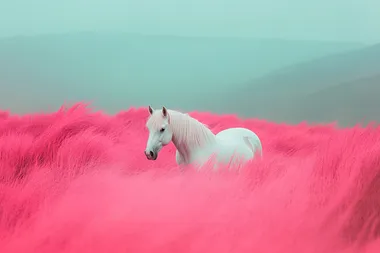 A white horse stands in a field of pink grass, with a sky-blue background. The image features a gradient of pink and white, creating a pastel, ethereal aesthetic and a dreamy atmosphere. The wide shot is captured with soft lighting, and the background is blurred, emphasizing the natural and vibrant colors of the scene. This magical photograph is a professional, high-resolution image with extreme details and HDR (High Dynamic Range) processing.    rofile em4jor9