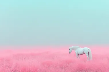 A white horse stands in a field of pink grass, with a sky-blue background. The image features a gradient of pink and white, creating a pastel, ethereal aesthetic and a dreamy atmosphere. The wide shot is captured with soft lighting, and the background is blurred, emphasizing the natural and vibrant colors of the scene. This magical photograph is a professional, high-resolution image with extreme details and HDR (High Dynamic Range) processing.    rofile em4jor9