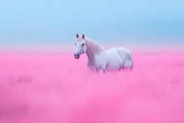 A white horse stands in a field of pink grass, with a sky-blue background. The image features a gradient of pink and white, creating a pastel, ethereal aesthetic and a dreamy atmosphere. The wide shot is captured with soft lighting, and the background is blurred, emphasizing the natural and vibrant colors of the scene. This magical photograph is a professional, high-resolution image with extreme details and HDR (High Dynamic Range) processing.    rofile em4jor9