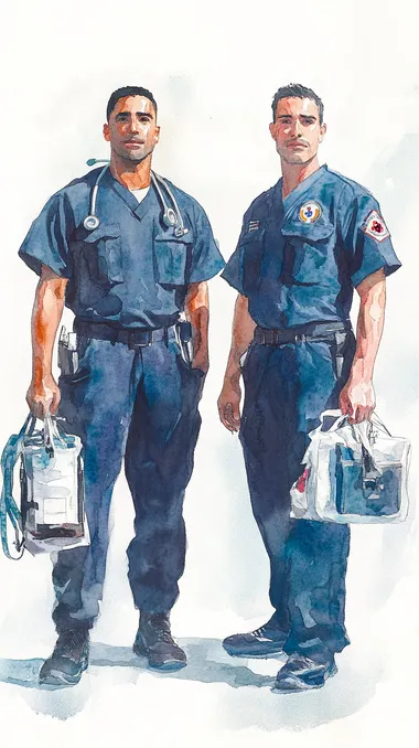 in the style of a Norman Lindsay watercolor portrait, two uniform-wearing medics, both men, standing side-by-side holding their equipment, one man is Hispanic and one man is White, both are aged in their 30s, background is blank