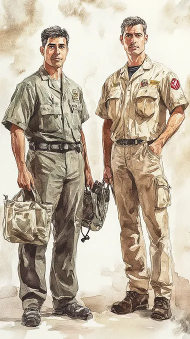 in the style of a Norman Lindsay watercolor portrait, two uniform-wearing medics, both men, standing side-by-side holding their equipment, one man is Hispanic and one man is White, both are aged in their 30s, background is blank