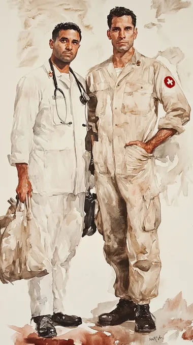 in the style of a Norman Lindsay watercolor portrait, two uniform-wearing medics, both men, standing side-by-side holding their equipment, one man is Hispanic and one man is White, both are aged in their 30s, background is blank
