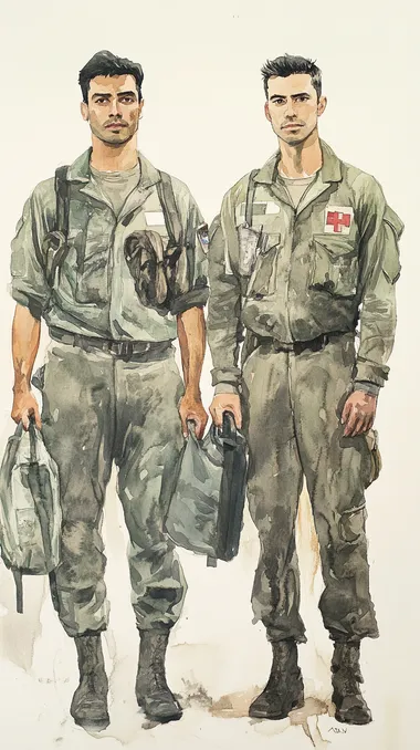 in the style of a Norman Lindsay watercolor portrait, two uniform-wearing medics, both men, standing side-by-side holding their equipment, one man is Hispanic and one man is White, both are aged in their 30s, background is blank
