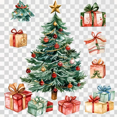 christmas themed watercolor clipart, include a christmas tree and christmas presents