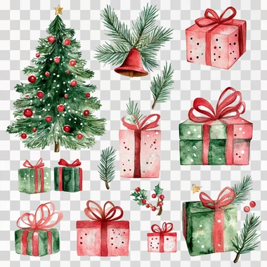 christmas themed watercolor clipart, include a christmas tree and christmas presents