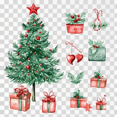 christmas themed watercolor clipart, include a christmas tree and christmas presents