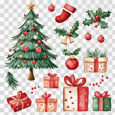 christmas themed watercolor clipart, include a christmas tree and christmas presents
