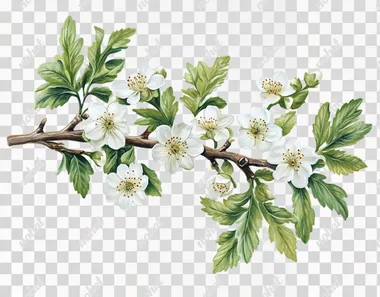 Beautiful hawthorn branch with white flowers and green leaves on an isolated background, close-up view. Stock photo.