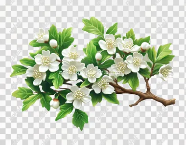 Beautiful hawthorn branch with white flowers and green leaves on an isolated background, close-up view. Stock photo.