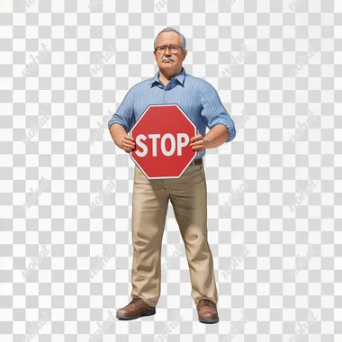create a photorealistic middle aged man in kaki straight legged pants and a blue collared shirt holding a large STOP sign and facing forward. put it on a white background