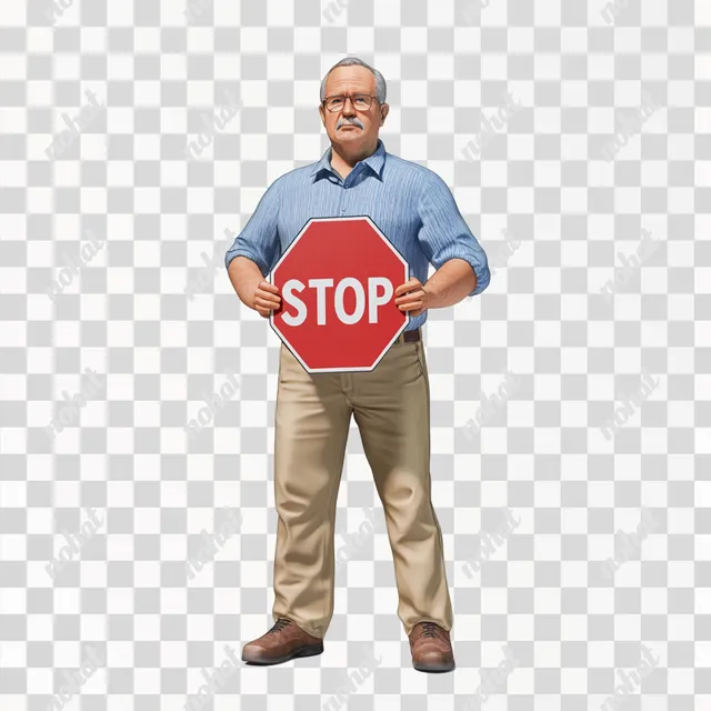 PNG Middle-Aged Man in Kaki Pants and Blue Shirt Holding STOP Sign