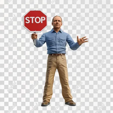 create a photorealistic middle aged man in kaki straight legged pants and a blue collared shirt holding a large STOP sign and facing forward. put it on a white background