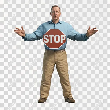 create a photorealistic middle aged man in kaki straight legged pants and a blue collared shirt holding a large STOP sign and facing forward. put it on a white background