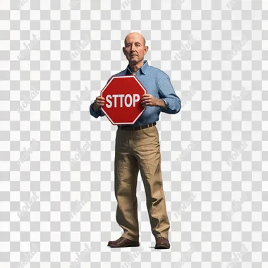 create a photorealistic middle aged man in kaki straight legged pants and a blue collared shirt holding a large STOP sign and facing forward. put it on a white background
