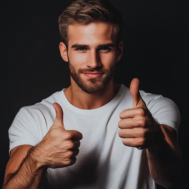 A well-built man raises his thumbs up in a sign of success