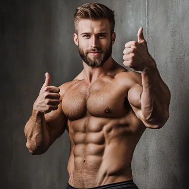 A well-built man raises his thumbs up in a sign of success