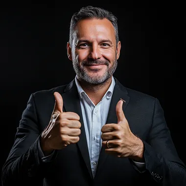 A well-built man raises his thumbs up in a sign of success