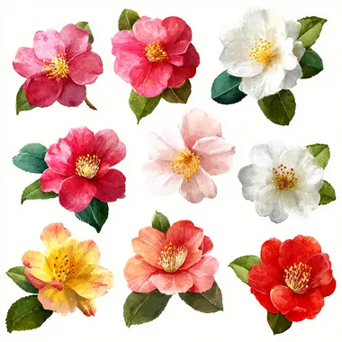 Hand-painted camellia flowers, eight-leaf size, with clear and rich details, clear picture quality, watercolor style