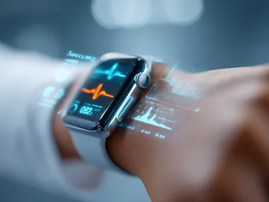 ((a doctor analyzing real-time health data from a smartwatch on a futuristic holographic screen, floating heart rate, sleep, and oxygen level graphs, digital health monitoring concept, wearable tech in medicine)) ultra HD, depth of field. Crisp cool studio lighting for a high-end commercial look. Bold premium cinematic color. high quality and best composition, No watermarks.     aoelaeg