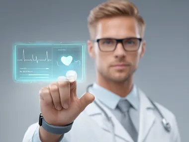 ((a doctor analyzing real-time health data from a smartwatch on a futuristic holographic screen, floating heart rate, sleep, and oxygen level graphs, digital health monitoring concept, wearable tech in medicine)) ultra HD, depth of field. Crisp cool studio lighting for a high-end commercial look. Bold premium cinematic color. high quality and best composition, No watermarks.     aoelaeg