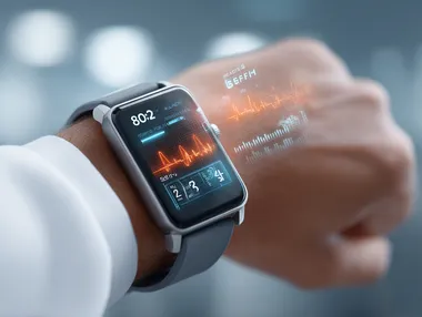 ((a doctor analyzing real-time health data from a smartwatch on a futuristic holographic screen, floating heart rate, sleep, and oxygen level graphs, digital health monitoring concept, wearable tech in medicine)) ultra HD, depth of field. Crisp cool studio lighting for a high-end commercial look. Bold premium cinematic color. high quality and best composition, No watermarks.     aoelaeg
