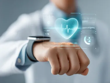 ((a doctor analyzing real-time health data from a smartwatch on a futuristic holographic screen, floating heart rate, sleep, and oxygen level graphs, digital health monitoring concept, wearable tech in medicine)) ultra HD, depth of field. Crisp cool studio lighting for a high-end commercial look. Bold premium cinematic color. high quality and best composition, No watermarks.     aoelaeg