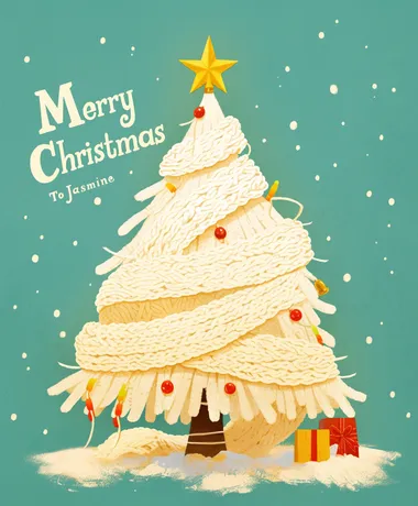 A yarn-style Christmas card featuring a white snowy background, a Christmas tree made of yarn with a yellow star on top, and the text "Merry Christmas To Jasmine"