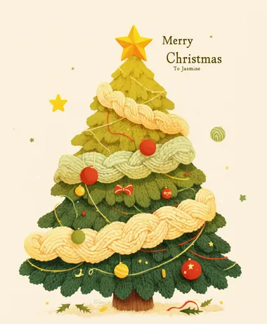 A yarn-style Christmas card featuring a white snowy background, a Christmas tree made of yarn with a yellow star on top, and the text "Merry Christmas To Jasmine"