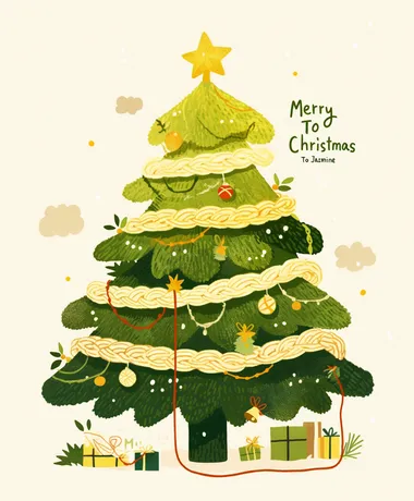 A yarn-style Christmas card featuring a white snowy background, a Christmas tree made of yarn with a yellow star on top, and the text "Merry Christmas To Jasmine"