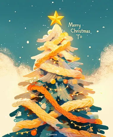 A yarn-style Christmas card featuring a white snowy background, a Christmas tree made of yarn with a yellow star on top, and the text "Merry Christmas To Jasmine"