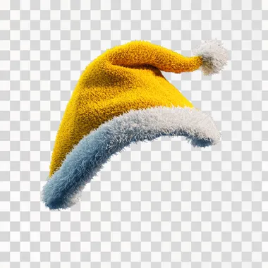 a classic christmas hat in yellow, background is blue, in a style fo a product fotography, hyperrealistic, ultra detailed --s 50