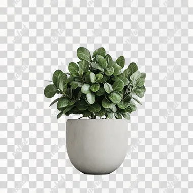 A front view of a lush green plant with round, full leaves growing in a simple flowerpot. The plant appears vibrant and healthy, its foliage spreading out gracefully. The flowerpot is simple and elegant, with a neutral color, and the background is pure white, highlighting the beauty of the plant. The overall aesthetic is clean, minimalistic, and serene, with no distractions in the scene