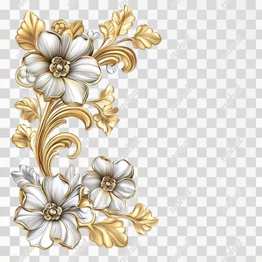 Decorative floral corner, delicate. Fine craftsmanship made of gold and silver. Delicate and slightly intricate design. White background. Object isolated from the background. High quality
