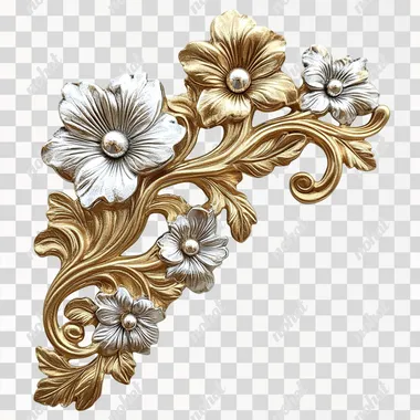 Decorative floral corner, delicate. Fine craftsmanship made of gold and silver. Delicate and slightly intricate design. White background. Object isolated from the background. High quality
