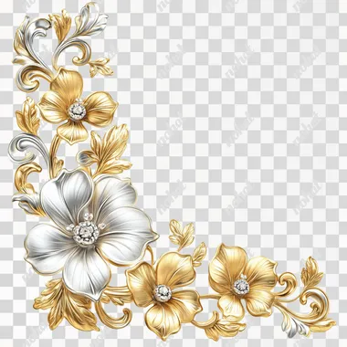 Decorative floral corner, delicate. Fine craftsmanship made of gold and silver. Delicate and slightly intricate design. White background. Object isolated from the background. High quality
