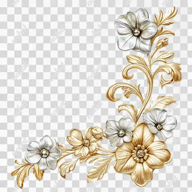 Decorative floral corner, delicate. Fine craftsmanship made of gold and silver. Delicate and slightly intricate design. White background. Object isolated from the background. High quality