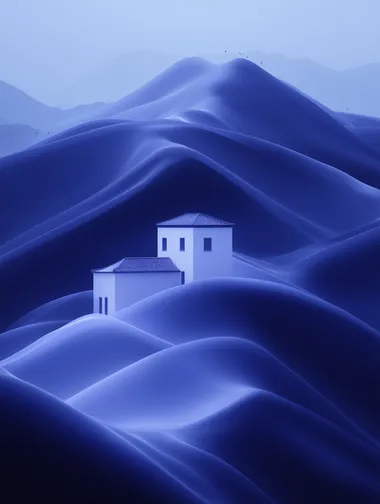 With large areas of white space, terraced fields, heavy rain in the rainy season, flying swallows, mountains and rivers in the distance, small houses at the foot of the mountain, and a light green gradient sky. The overall color scheme is mainly blue and white, with a large area of white space in the background. The picture is clean, the illustration style has delicate lines and smooth curves, giving people a sense of mystery. Illustration style HD details,      492309580 rofile zww2nvy oiwf4m5