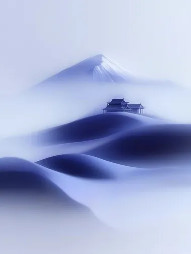 With large areas of white space, terraced fields, heavy rain in the rainy season, flying swallows, mountains and rivers in the distance, small houses at the foot of the mountain, and a light green gradient sky. The overall color scheme is mainly blue and white, with a large area of white space in the background. The picture is clean, the illustration style has delicate lines and smooth curves, giving people a sense of mystery. Illustration style HD details,      492309580 rofile zww2nvy oiwf4m5
