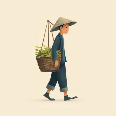 flat illustration,A young Asian farmer carrying a bamboo basket on his back