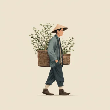 flat illustration,A young Asian farmer carrying a bamboo basket on his back