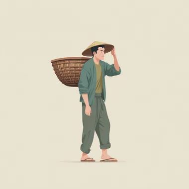 flat illustration,A young Asian farmer carrying a bamboo basket on his back