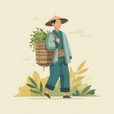 flat illustration,A young Asian farmer carrying a bamboo basket on his back
