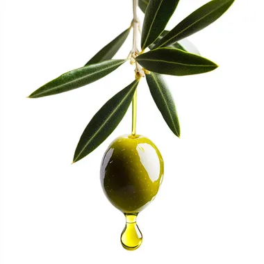 Olive oil drop dripping from fresh olive fruit isolated on white background.