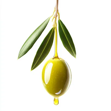 Olive oil drop dripping from fresh olive fruit isolated on white background.