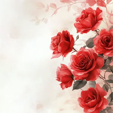 Delicate scarlet roses. The light background is made in light color with a subtle, barely noticeable texture. The overall aesthetic is delicate watercolor. There is enough empty space in the middle for congratulations