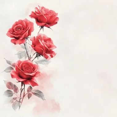 Delicate scarlet roses. The light background is made in light color with a subtle, barely noticeable texture. The overall aesthetic is delicate watercolor. There is enough empty space in the middle for congratulations