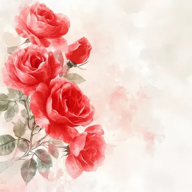 Delicate scarlet roses. The light background is made in light color with a subtle, barely noticeable texture. The overall aesthetic is delicate watercolor. There is enough empty space in the middle for congratulations